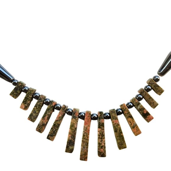 Vintage Unakite Tabs Strung on Pewter Tone Beads 22 inches Long - Picture 4 of 11